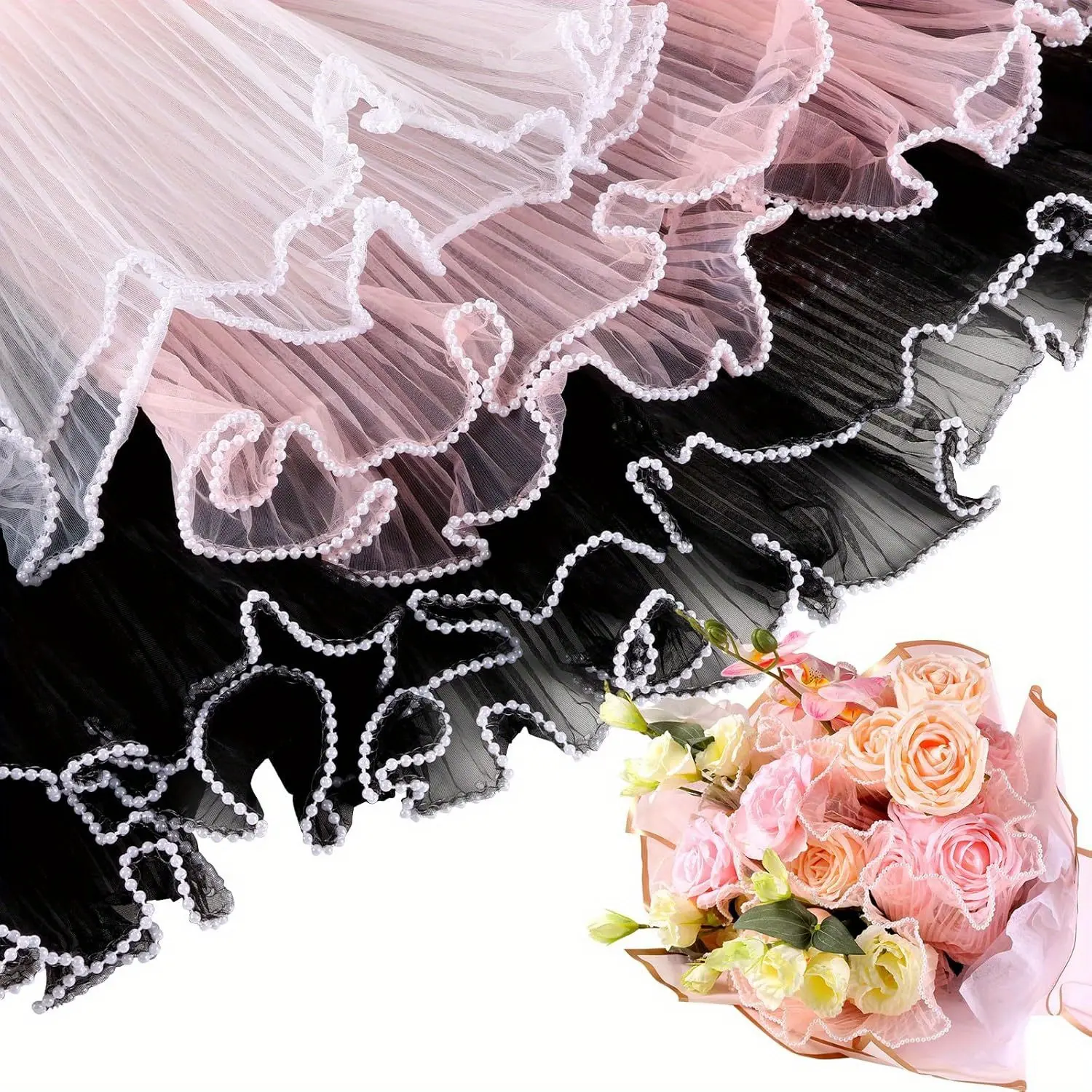 6 Pack Flower Wrapping Mesh Paper, Pearl Edge Bouquet Wrapping Packaging Mesh Paper, Wrinkled Translucent for Party Decor, Florist Supplies Wedding Party Gift Packaging (Pink White Black)