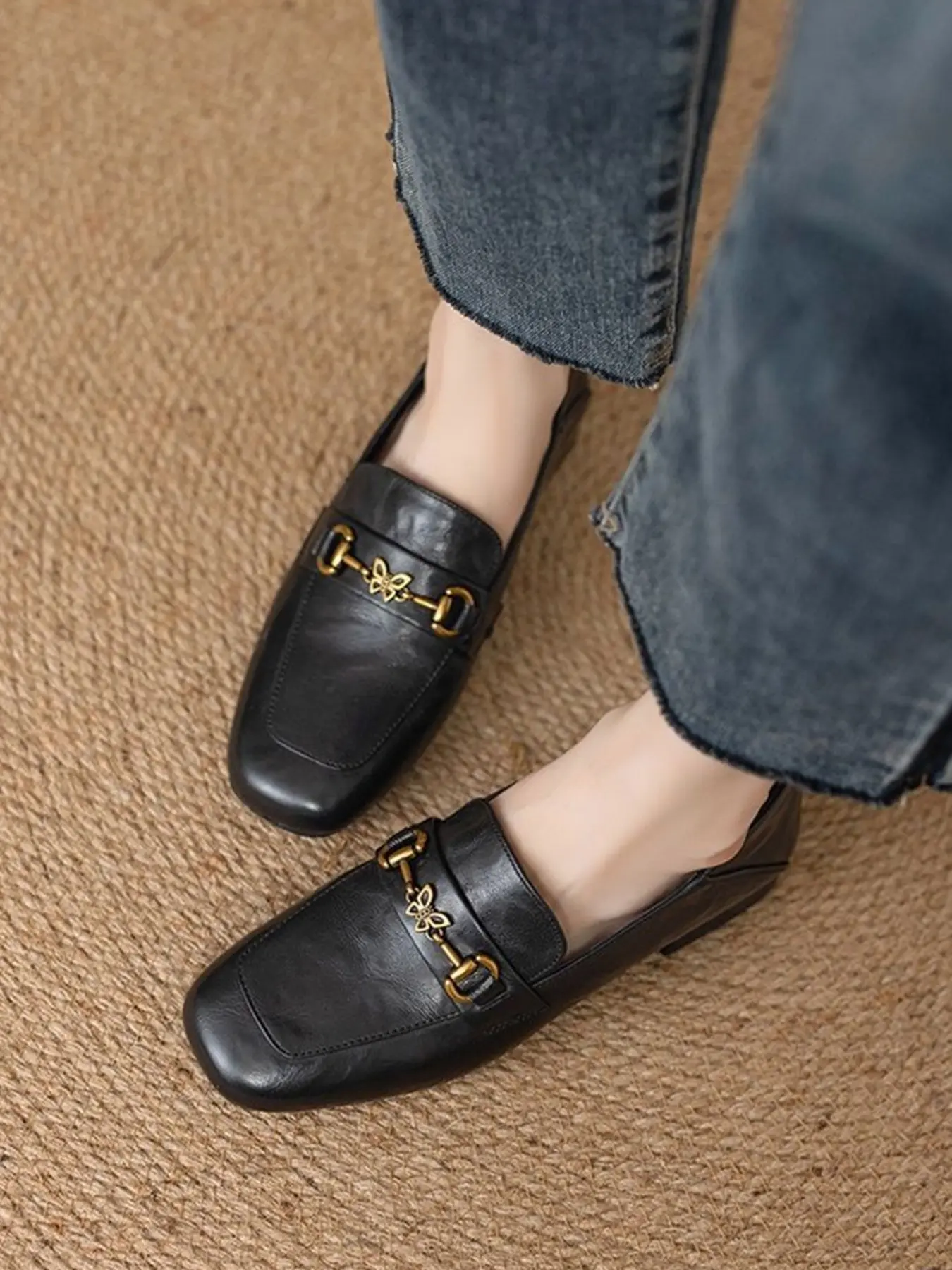 Women's Vintage Dark Metal Buckle Penny Loafer Flats, Soft Leather Square Toe Flat Shoes, British Style Low Heel Slip-On Fall Casual Shoes