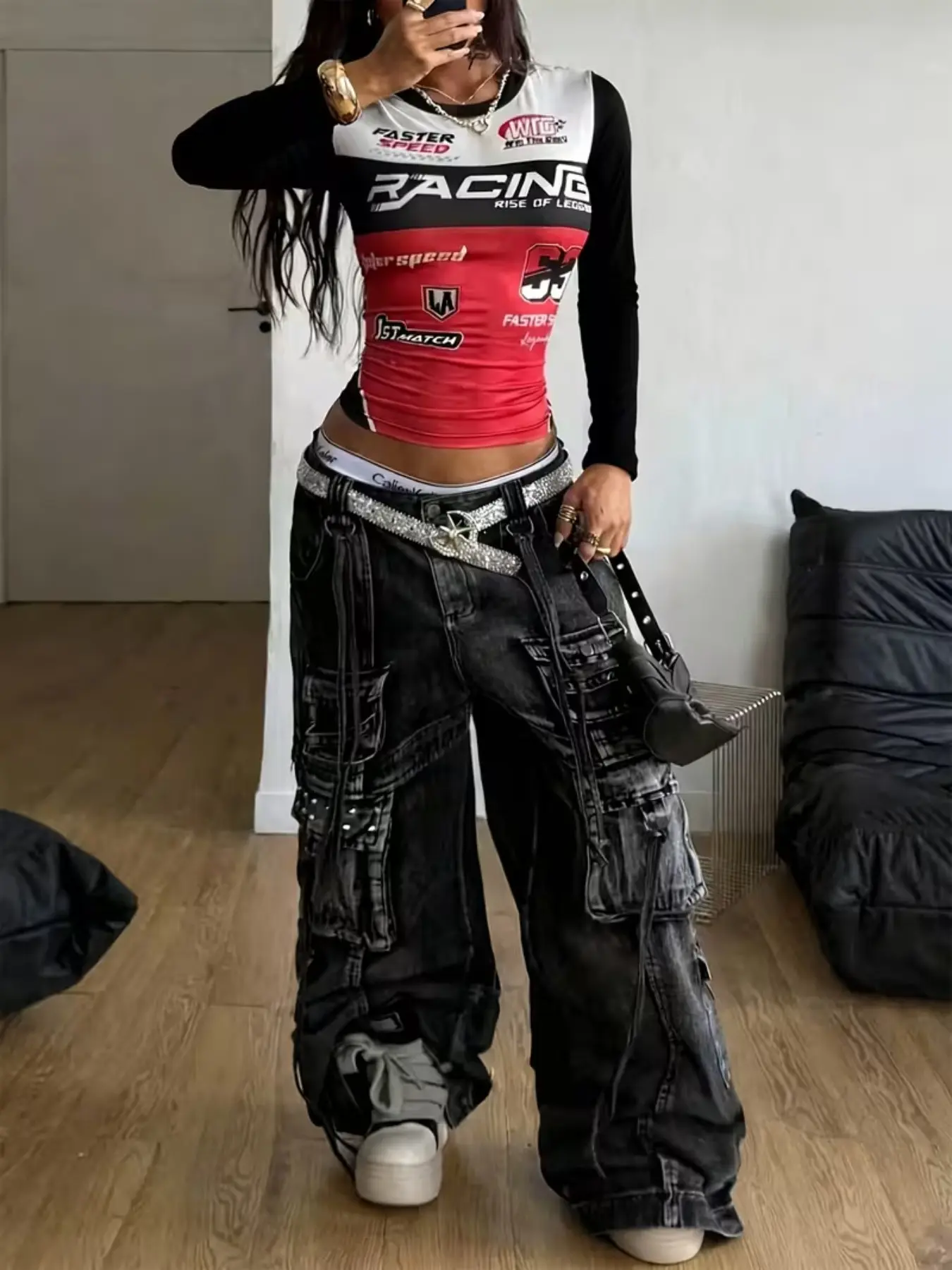 Y2K American Motorcycle Style Casual Colorblock Letter Print Long Sleeve T-Shirt, Racing Element Shoulder Puff Short Waist Top, Retro Streetwear