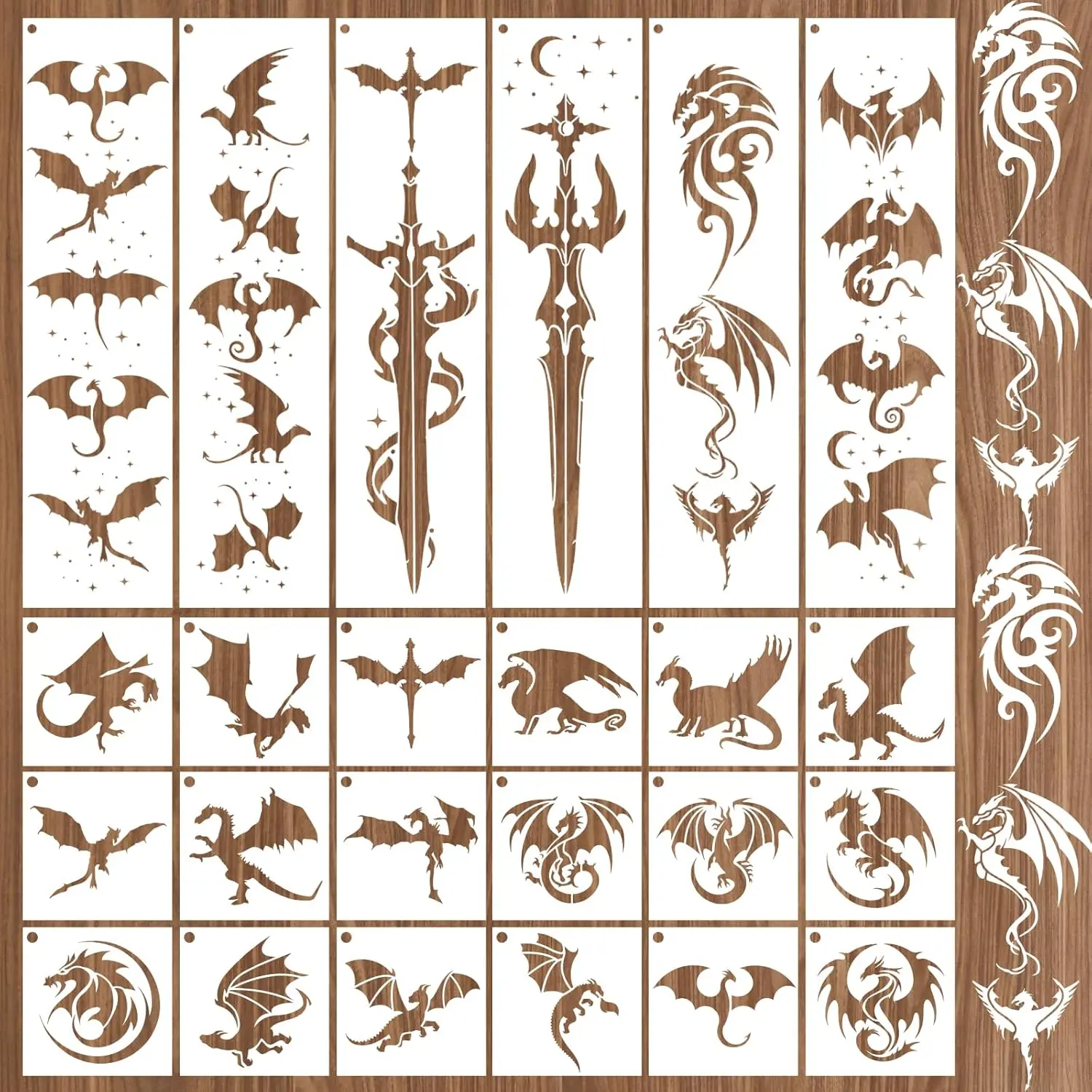 Stencils for Painting on Wood - 24 Pcs Reusable Dragon Painting Stencils for Wall Decor, Plastic Spray Paint Template DIY Furniture Room Wall Canvas Creative Decoration