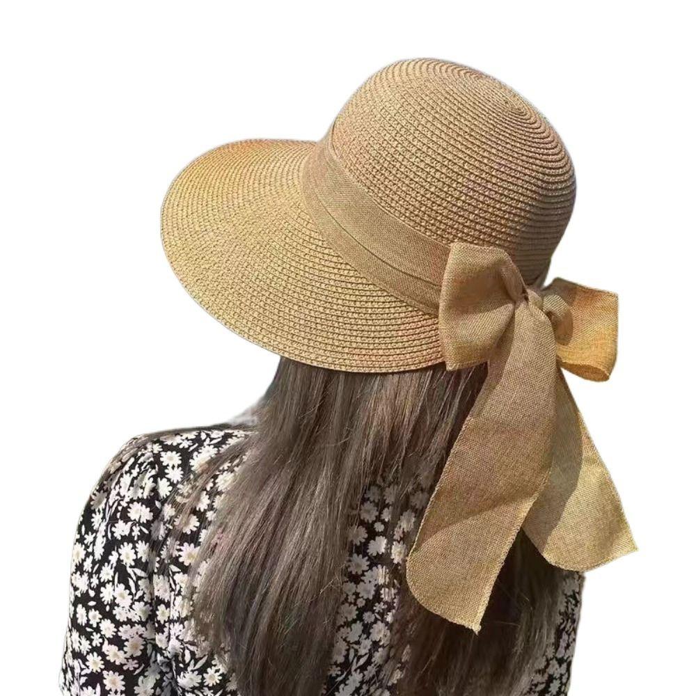 Summer UV Protection Sun Hat Wide Brim Breathable Beach Cap Bowknot Casual Straw Hat for Women