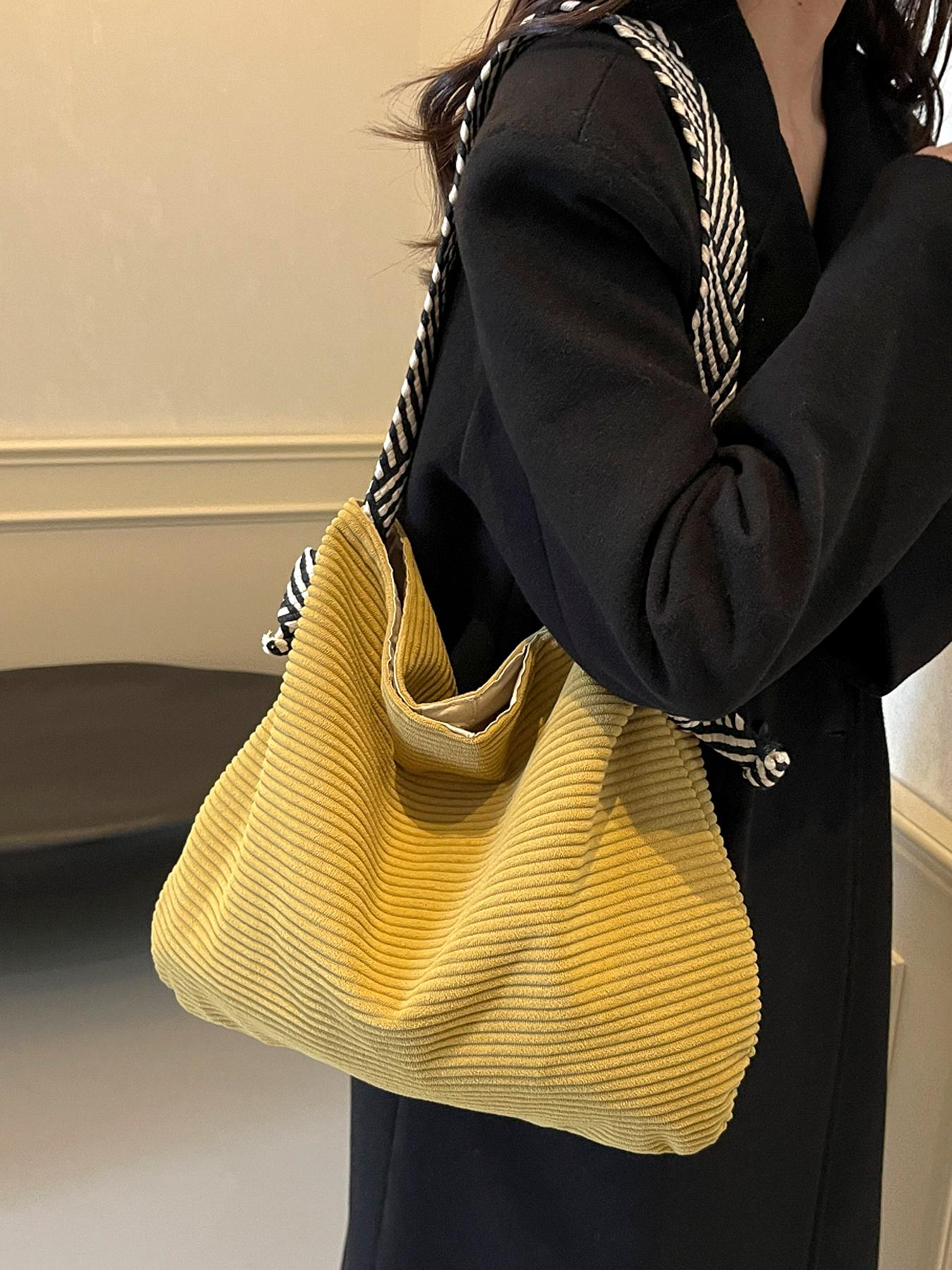 Tote shoulder underarm bag large capacity cloth bag crossbody commuter tote bag, with black and white striped wide shoulder strap, Casual lightweight bag, Crossbody shoulder bags, suitable for daily commuting office workers student party
