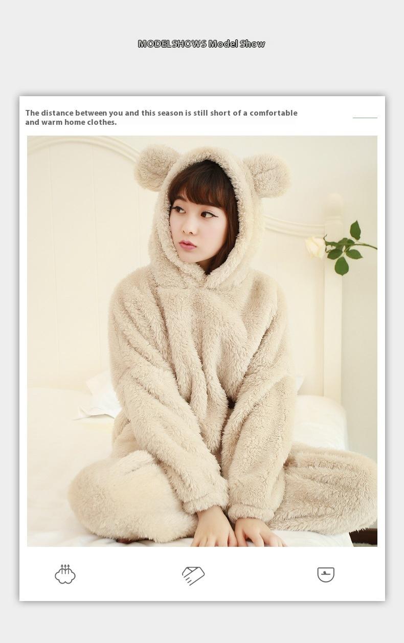 Thickened Warm Autumn Winter Women Cartoon Plush Hooded Bear Sleepwear Ladies Flannel Homewear Set Solid Nightwear Loungewear