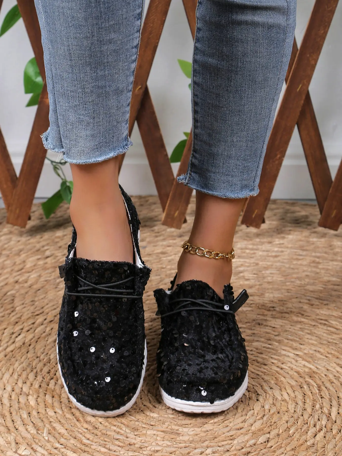 2026 Fall Winter Women's Sequined Blue Loafers, Soft Sole Anti-Slip Slip-On Shoes, Casual Dress Shoes for Daily Commute & Leisure