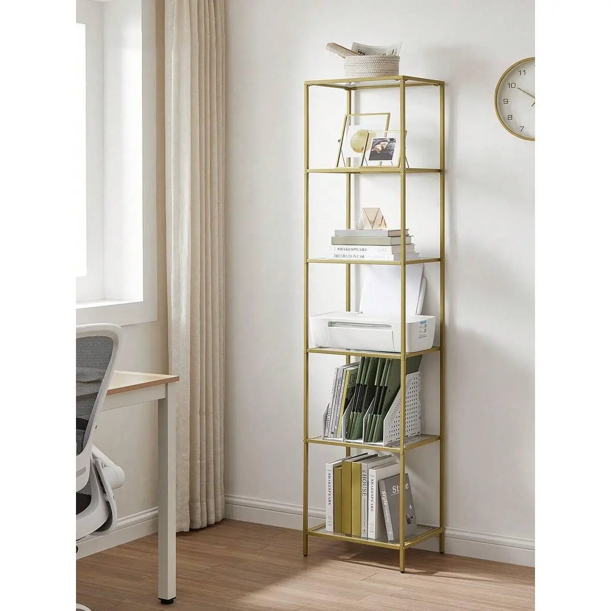6-Tier Narrow Glass Bookcase, Standing Glass Shelf for Living Room, Home Office