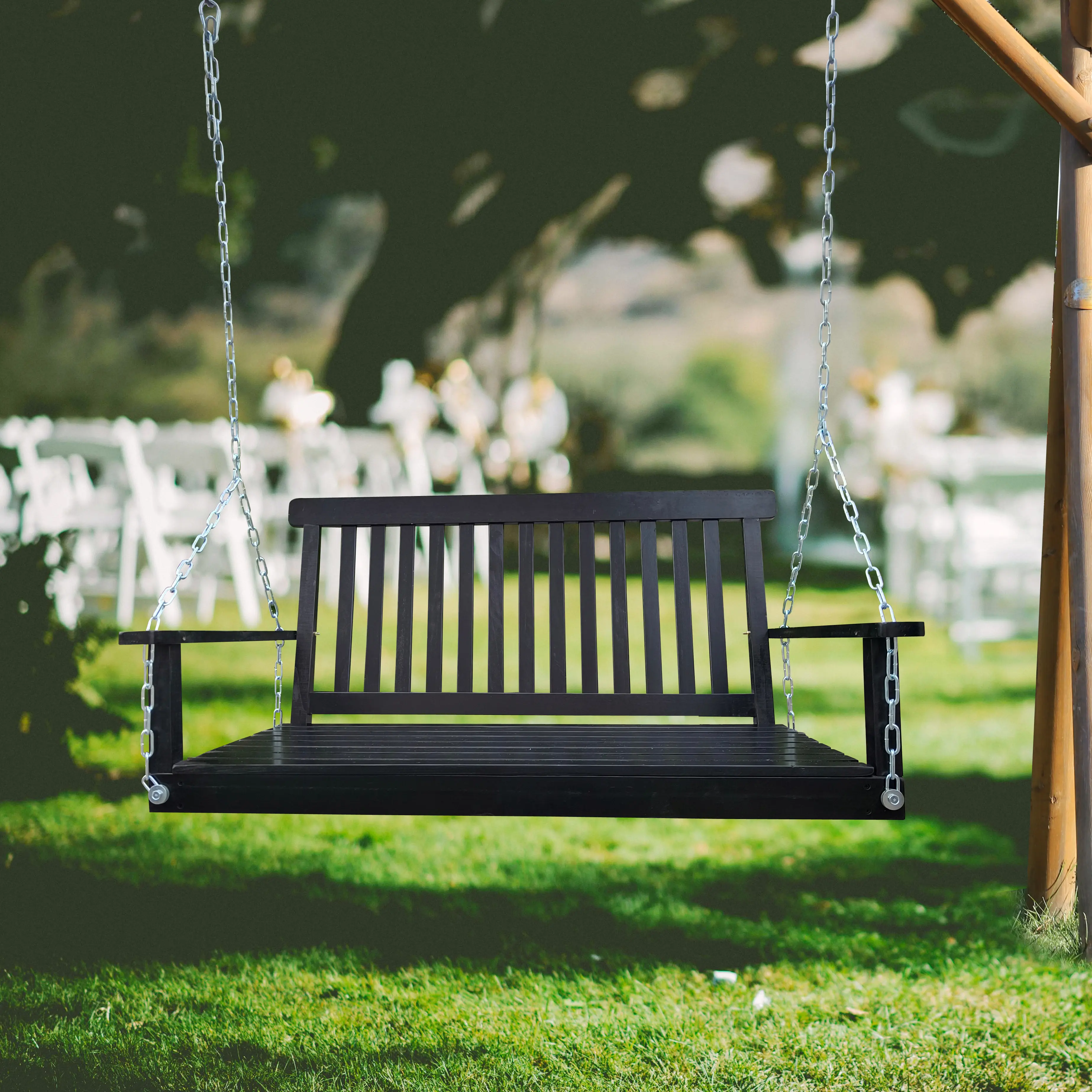 ARCH Wood Porch Swing with Armrests and Hanging Chains, Black Bench Swing for Outdoor Patio, Garden, Yard, Backyard, Sunroom, Easy Assembly, Relaxation Furniture for Home, Heavy-Duty Hanging Seat for Porch and Deck, Home Furniture and Household