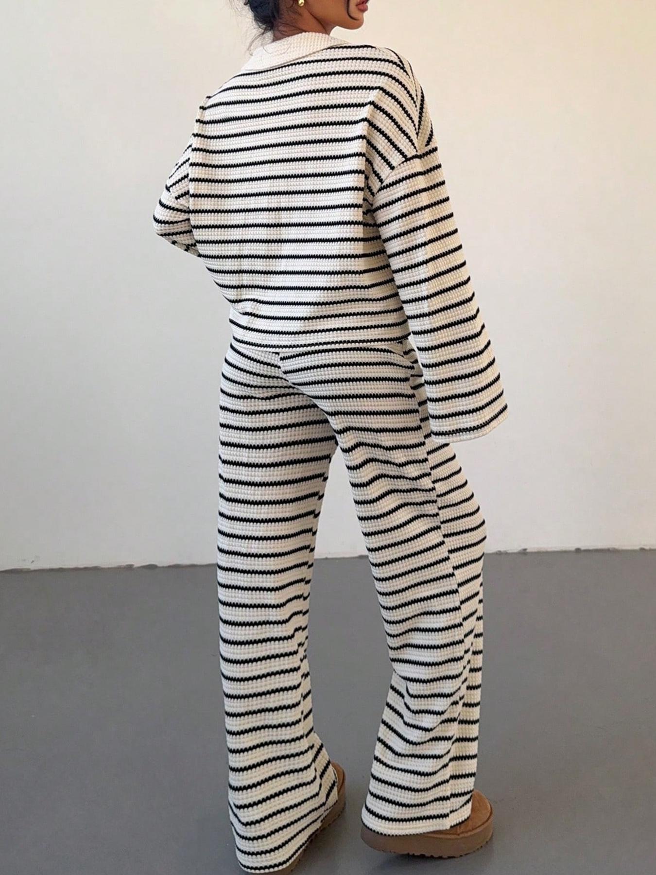 2-piece women's loose striped V-neck dropped shoulder long-sleeved T-shirt and elastic waist striped pants autumn and winter knitted suit