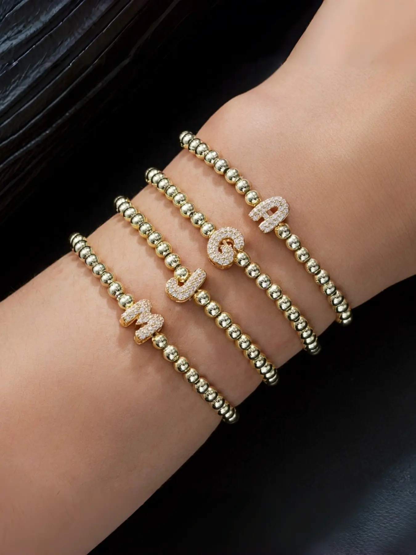 18K Gold Plated Micro Pave CZ Bubble Balloon A-Z Initial Letter 4mm Beads Elastic String Bracelet For Women Simplicity Bracelet Jewelry Gift