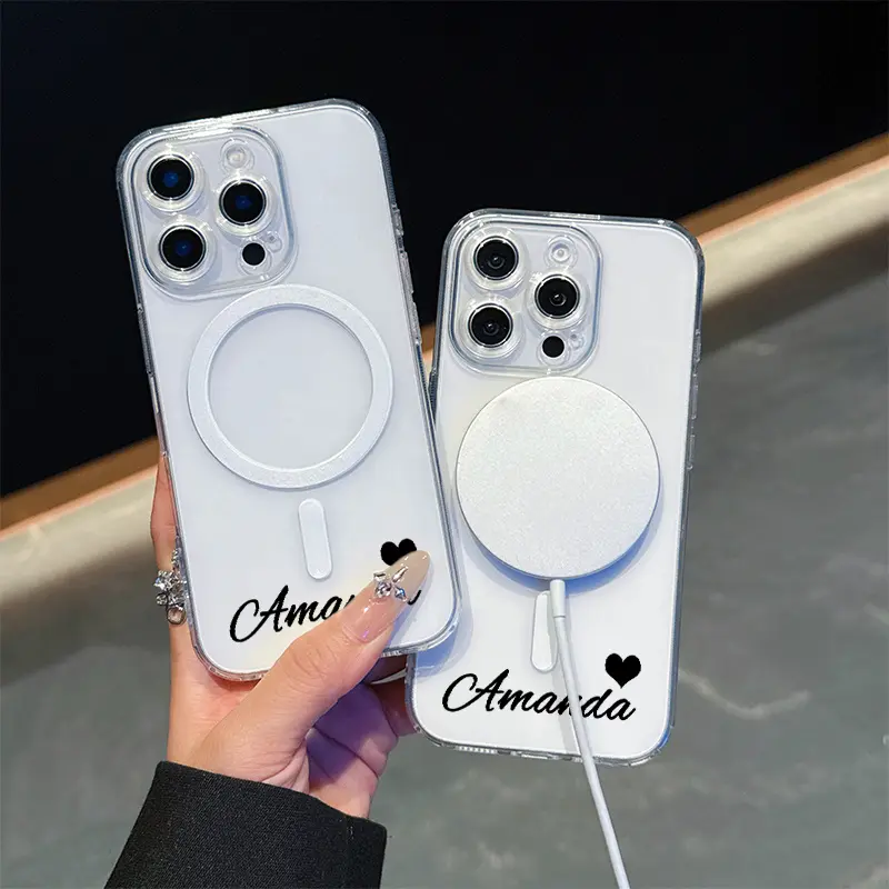 Customized Name Smartphone Cover - DIY Personalized Artistic Font Text, Magnetic Circle Protection, Transparent Handheld Accessory for iPhone Devices (18,17,E,Air,Pro,ProMax,16,15,14 Plus,13,12 Mini,11,X,XS,XR) - Unique Simple Gift for Friends