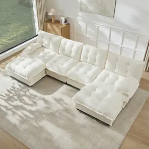 Aobtkel138" U Shaped Modern Sofa Modular Sectional Cloud Couch with  2 Ottomans, 4-Seat Chenille Deep Seat Sofa with Comfy Lattice Decored Seat Cushion, Bedroom and Apartment, Beige