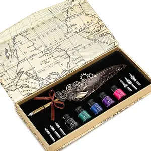 Quill Pen Set - Iludes 5 Ink Bottles, 6 Nibs, Mechanical Quill Pen for Calligraphy, Writing Letters, Signing, Invitations Etc (Grey)