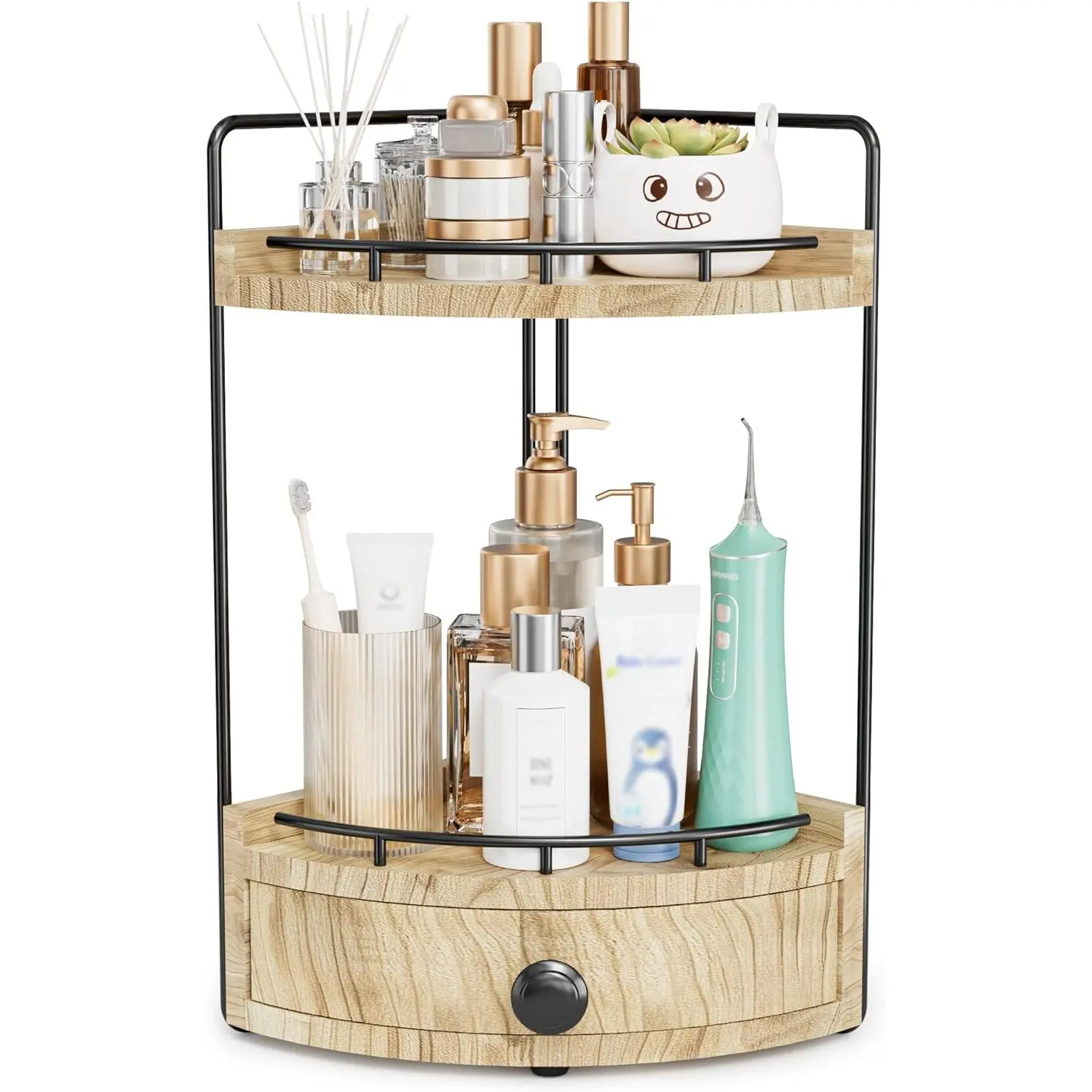 2-Tier Corner Bathroom Counter Organizer with Drawer & Embedded Screw Holes - Wooden Countertop Organizers for Skincare, Makeup Storage, Bathroom Sink Counter Shelf for Vanity, Kitchen, Wood color