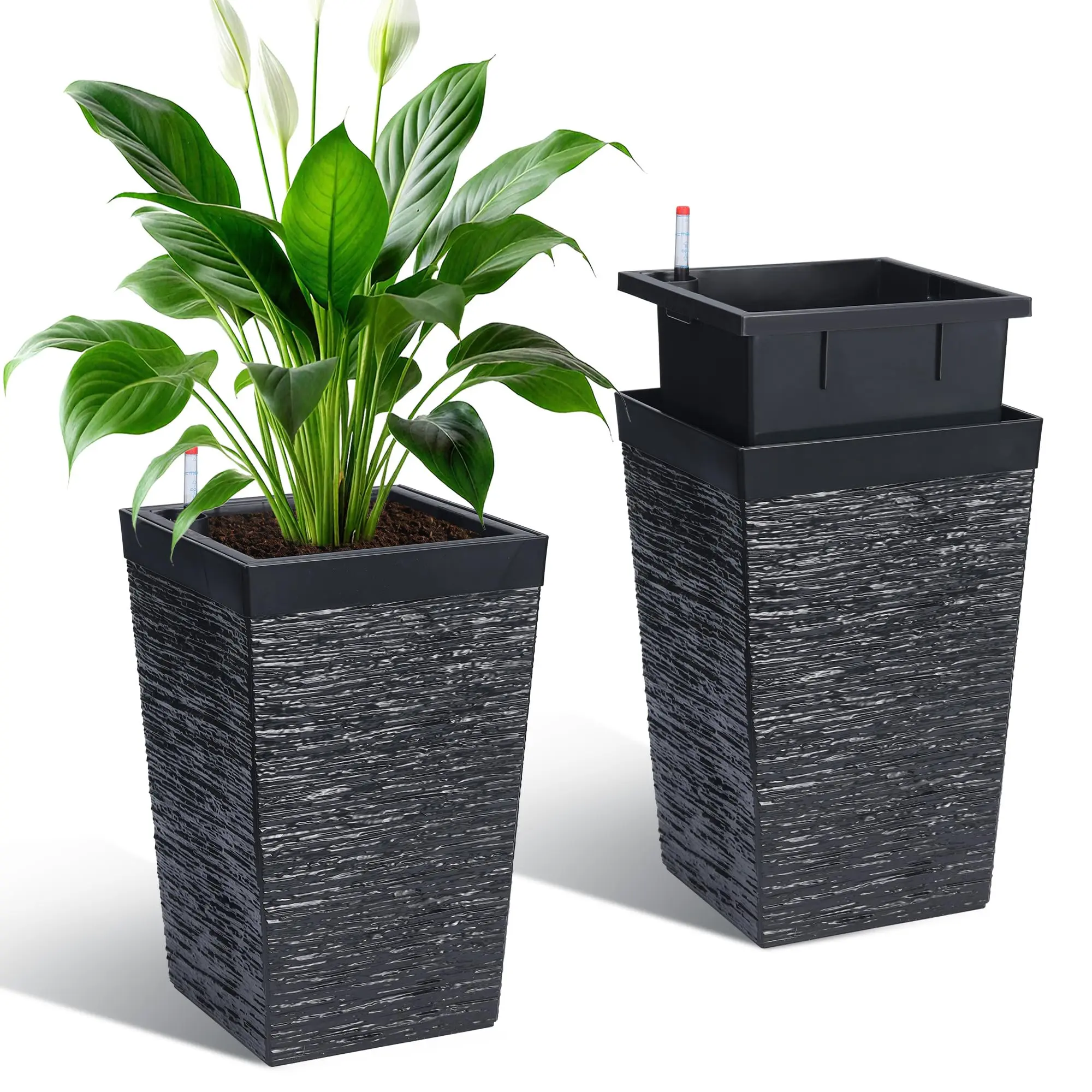 Garvee 15.7 Inch Tall Rectangular Planters Set of 2, Large Modern Plant Pots with Drainage, Water Level Monitor for Outdoor Porch, Patio, Indoor Home Office, Black