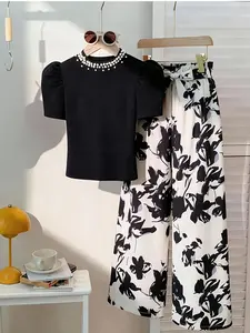 Street Style Kids Girls Two-Piece Set, Knit Solid T-Shirt with Beads, Round Neck Bubble Sleeve, Straight Leg Pants, Casual Slim Fit