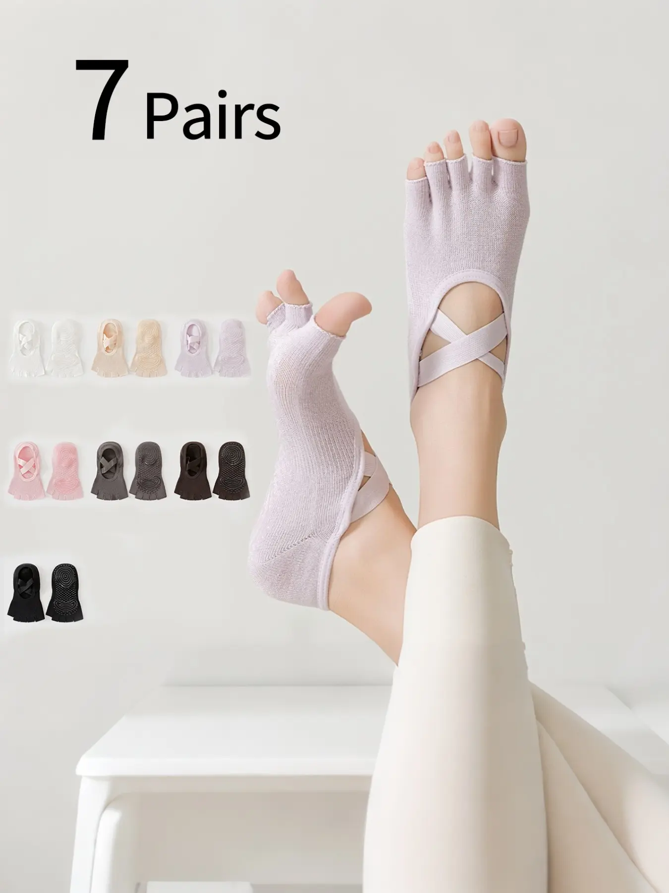 7 Pairs Summer New Five-Toe Yoga Socks for Women, Cross Strap Anti-Slip Toe Socks, Indoor Fitness Sports Socks, Pilates Training Running Dance Socks