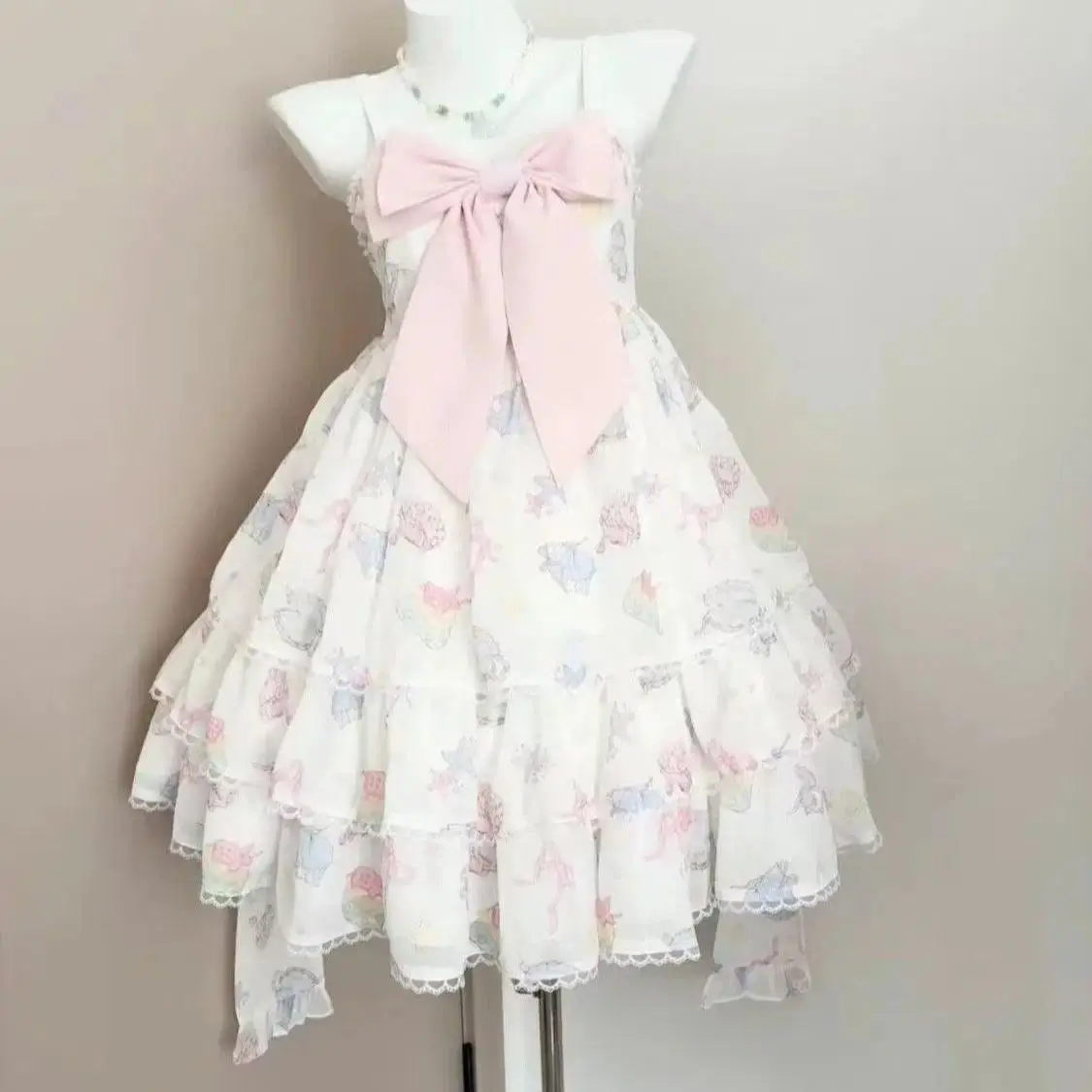2026 Kawaii Mint Lolita JSK Cute Dress Women Sweet Big Bow Floral Print Ruffle Tiered Lace Trim Princess Party New Casual Dress