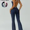Women's color blocked Backless Sports Jumpsuit, Colorblock Sporty Jumpsuit, Sleeveless Workout Jumpsuit, Sportswear Jumpsuit, cinched waist sleeveless U-neck wide leg flared pants suitable for gym training outdoor running