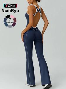 women's color blocked backless jumpsuit comfortable and nude with a cinched waist sleeveless u-neck wide leg flared pants yoga clothes jumpsuit suitable for gym training outdoor running dancing tennis seasonal fashion contrasting jumpsuit