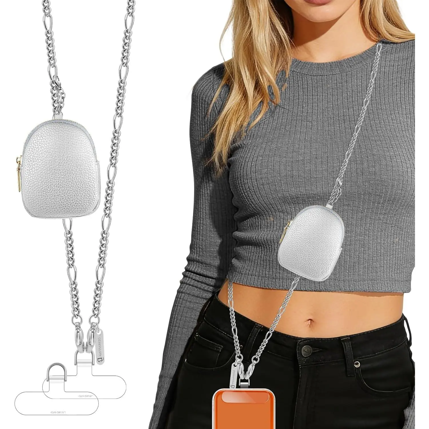 Phone Crossbody Strap With Wallet 51.18in Phone Chain Clip And Go strap With zippered pouch 1x clasp 2x Clear Tether Tabs For Shopping Travelling()