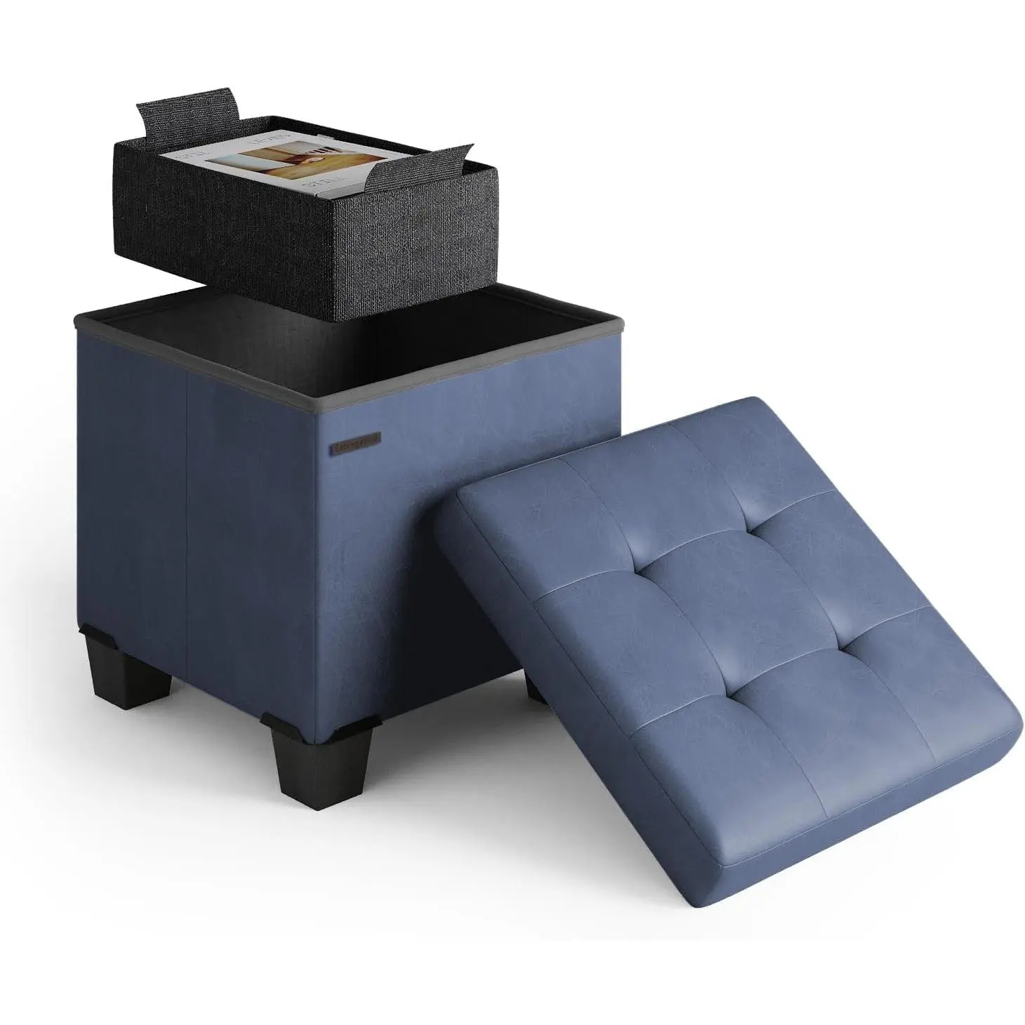 15x15x15" Leather Cover Storage Ottoman Cube with Small Bin, Foot Rest (Max 330lbs, Folds Flat) for Living Room Decor, Bedroom Storage Organization