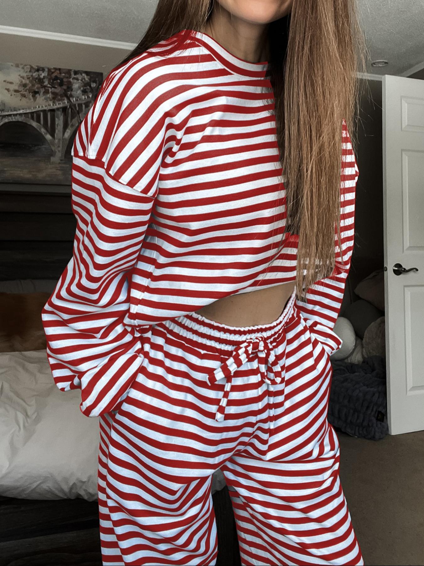 Women's Casual Striped Long Sleeve Top & Pants Set, Comfortable Loose-Fitting Home Wear, Fashionable Two-Piece for Daily Use