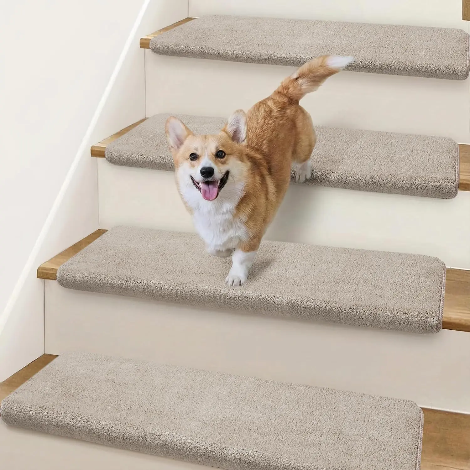 Ultra Plush Bullnose Carpet Stair Treads for Wooden Steps 9.5" x 32" | 2 count Soft Stair Runner Rugs Indoor with Rounded  Protection, -Free Non Slip Backing for Family, Pets, Beige Gray
