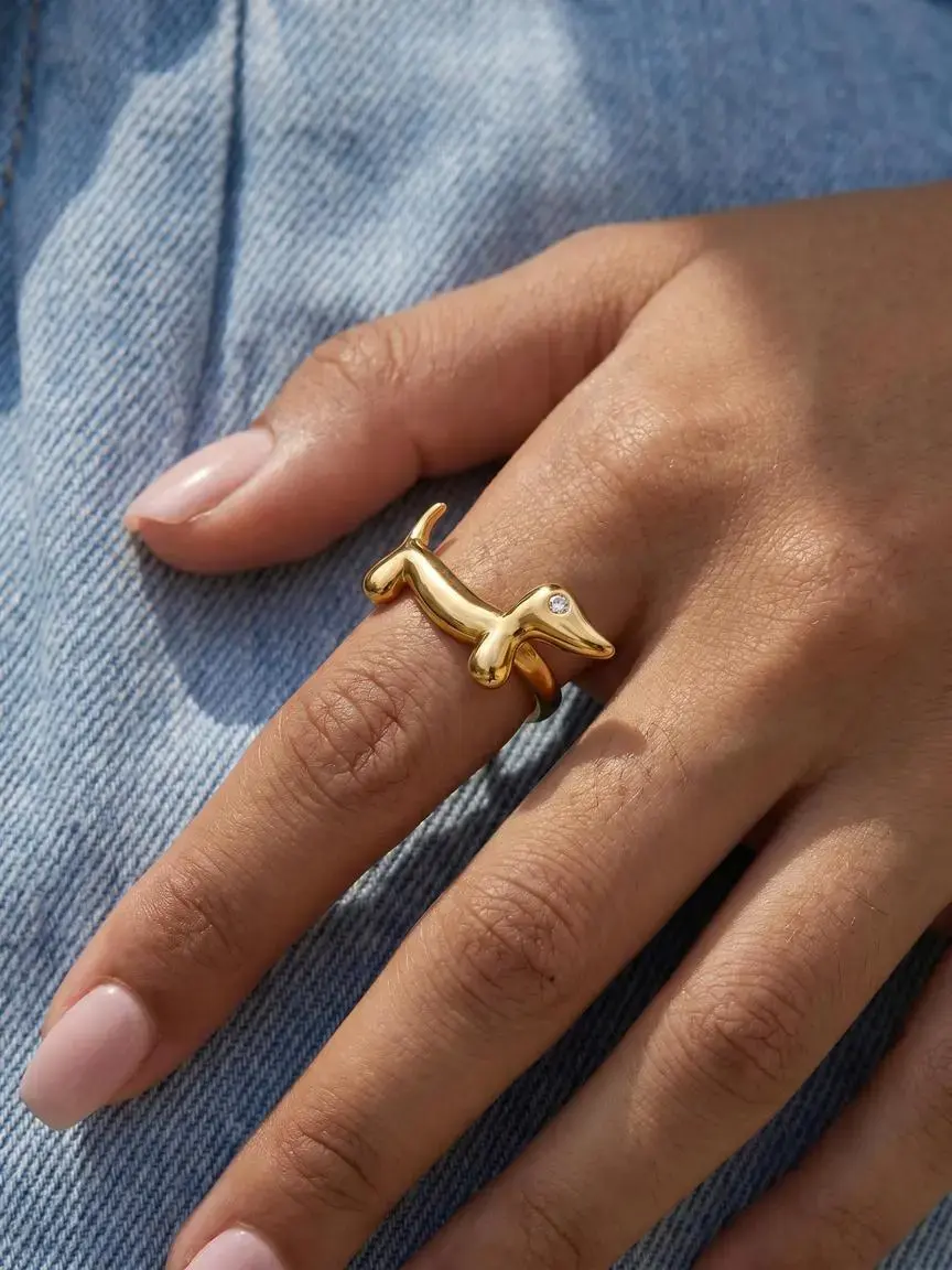 Ladies Ring With Diamond Lines Dachshund And Puppy Adjustable Opening Stainless Steel 18k Gold Plated Waterproof And Anti Allergy Jewelry Minimalist Style For All Four Seasons Cute Campus Party Elegant Daily Outfit Essential