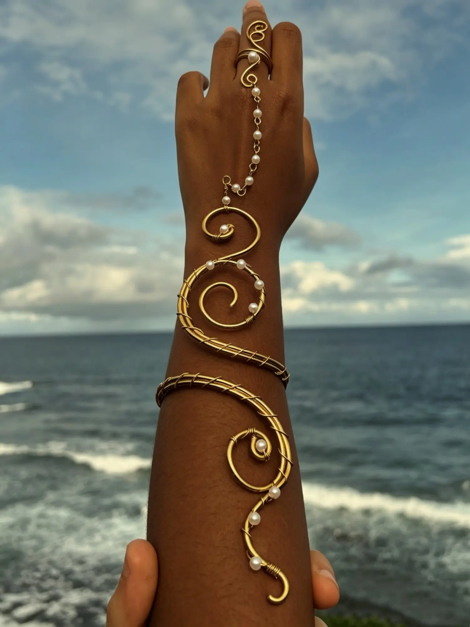 Boho Style Adjustable Pearl Spiral Bracelet Set Bangle and Finger Chain Beach Wedding Party Jewelry for Women