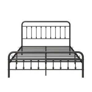 83.54*60.2*43.5 Inch Victorian Queen Size Black Metal Bed Frame with High Curved Headboard, 13 Steel Slats +9 Support Legs Max 450LBS, Anti-Slip No Box Spring Under-Bed Storage Platform Bed