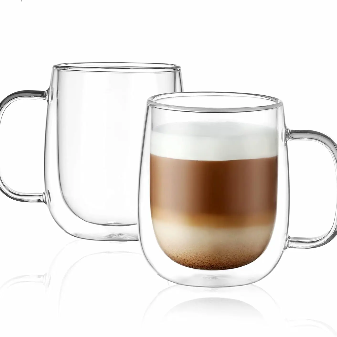 Glass Coffee Cup 12oz, Dual Layer Insulated Mug with Handle, Transparent Glass Espresso Cup, Suitable for Latte, Cappuccino, Tea Bags, Hot and Cold Drinks