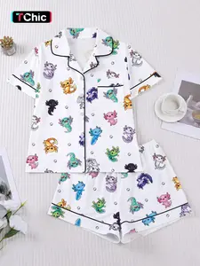 Women's 2-Piece Pajama Set, Cute Dragon Print, Comfortable Short Sleeve Top and Elastic Shorts, Casual Home Wear, Perfect Gift