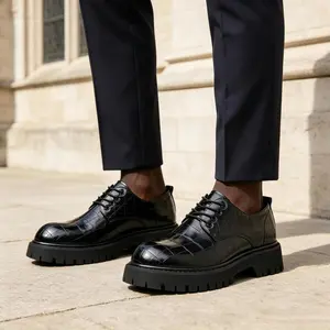 Croc Print Platform Derby Shoes for Mature Black Men, Hidden Height Thick Lug Sole Business Casual Leather Shoes, Wide Toe All Day Comfort Sunday Church & Office Footwear Up To US Size 13.5 G2