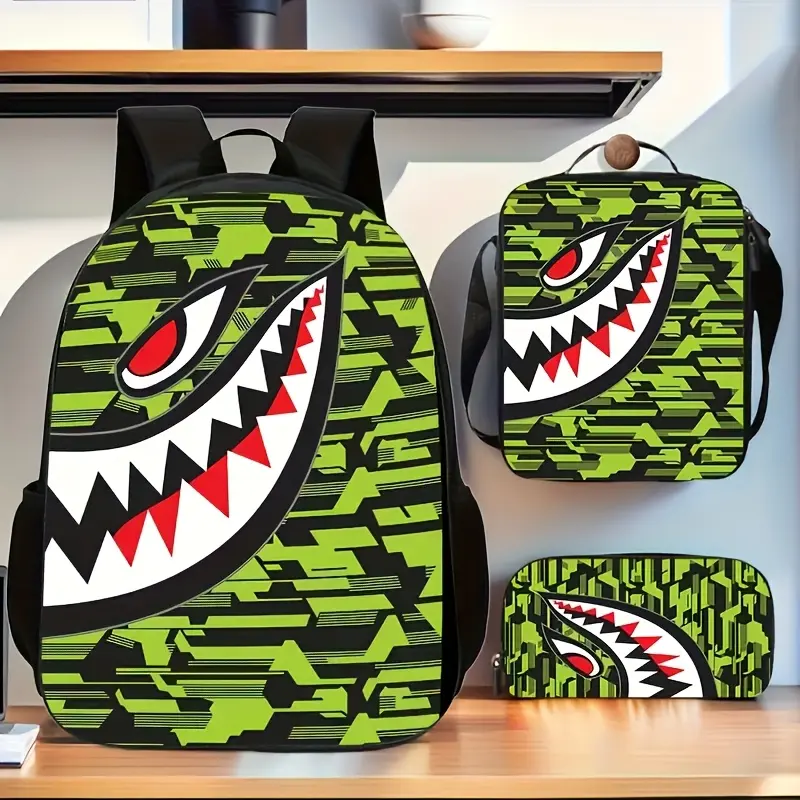Classic Cartoon Shark Backpack with Removable Laptop Compartment - Lightweight Durable Student Bag for Teens, College, Travel & Daily Commute, Adjustable Thickened Shoulder Straps, Green Camo Shark Face Design, Valentine'S Day Gift, for Teenager