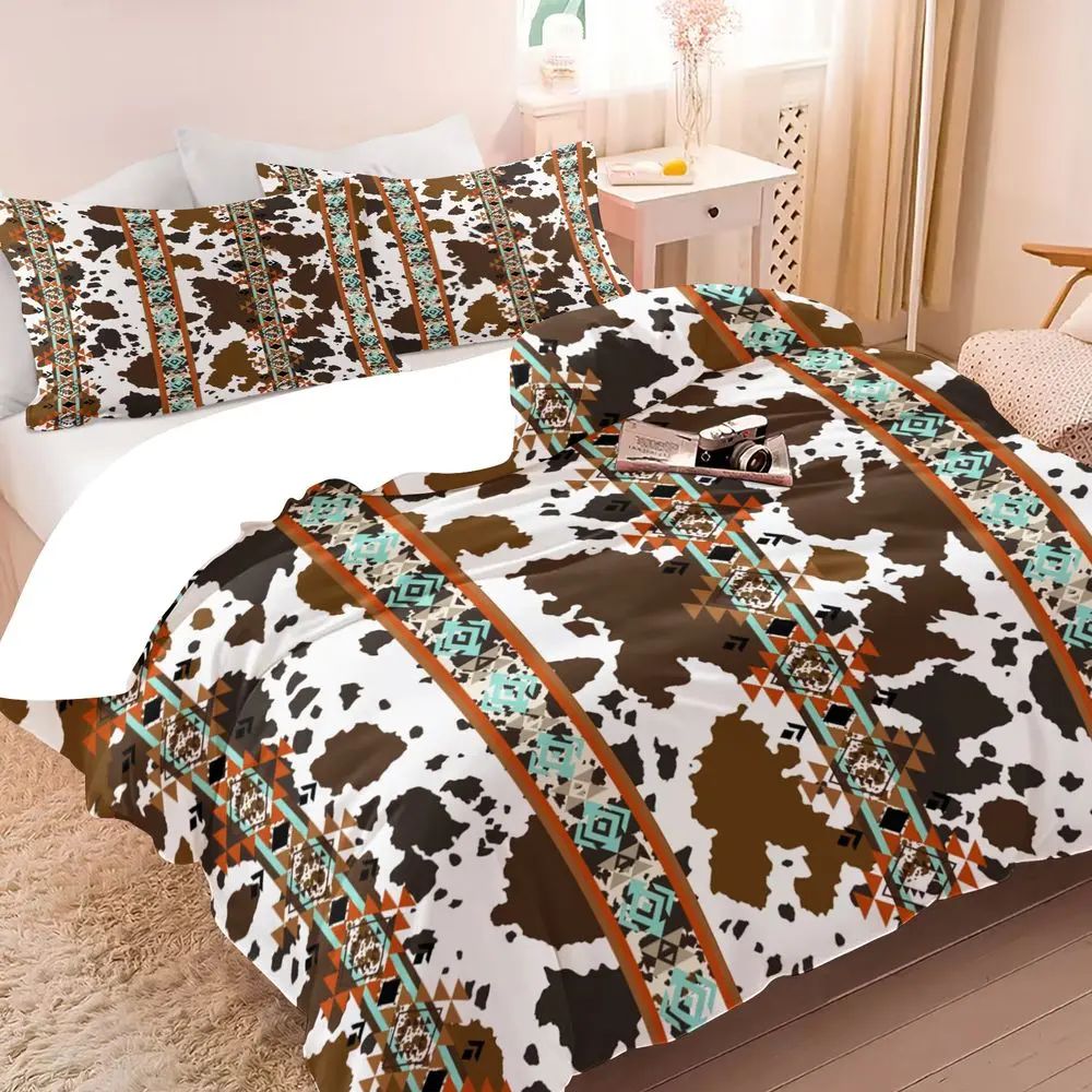 2/3Pcs Western Cowhide Duvet Cover Set, Boho Southwestern Bedding Set with Geometric Tribal Print, Soft Microfiber Bedding with Pillowcase, Rustic Farmhouse Bedroom Decor No Fillers