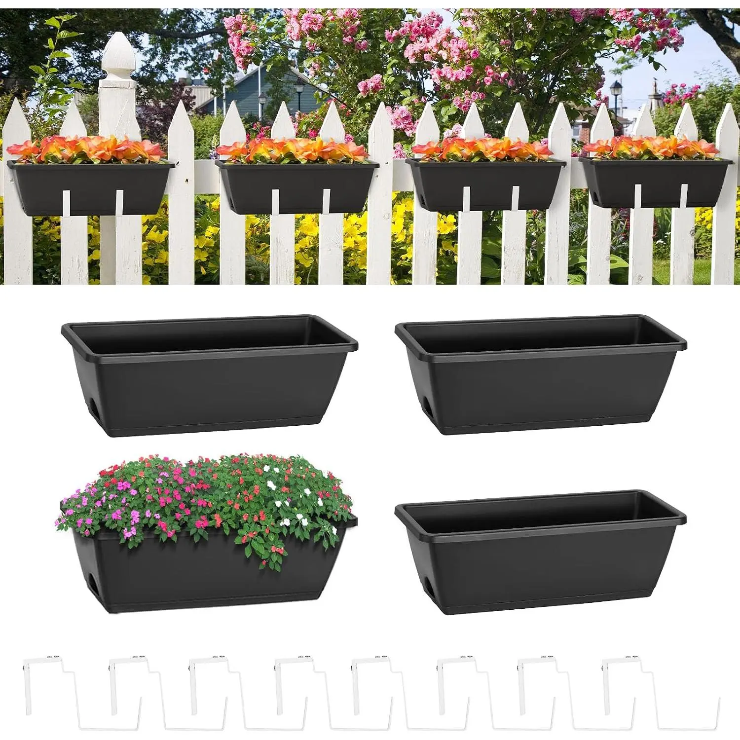 Railing Planter Box 4 Pack Window Boxes Planters with Flower Box Brackets | 17’’ Rectangle Balcony Deck Railing  Planters for Outdoor Fence Garden Patio