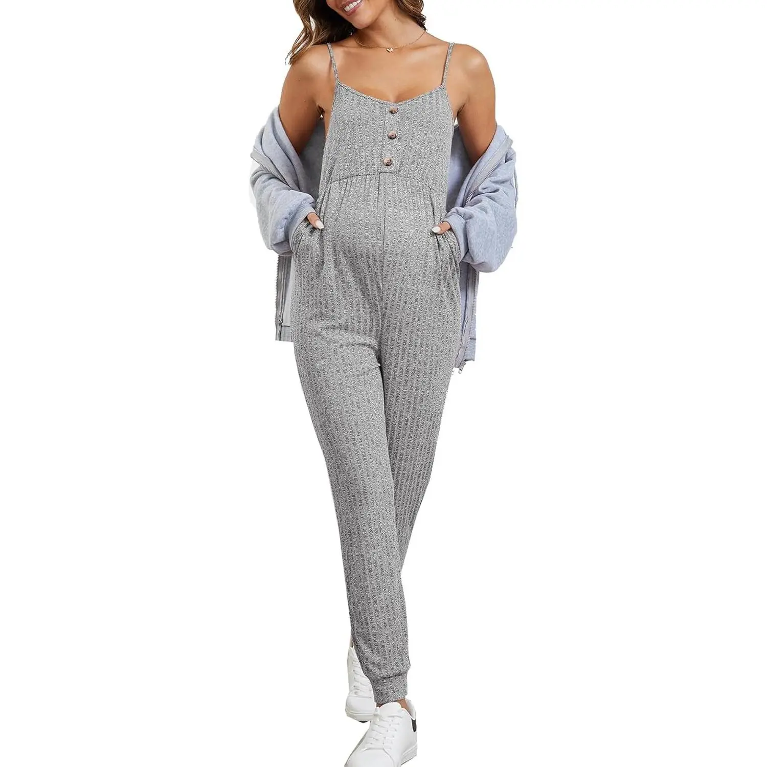 Women's Maternity Ribbed Knit Cami Jumpsuit Button Spaghetti Strap Pregnancy Romper with Pockets