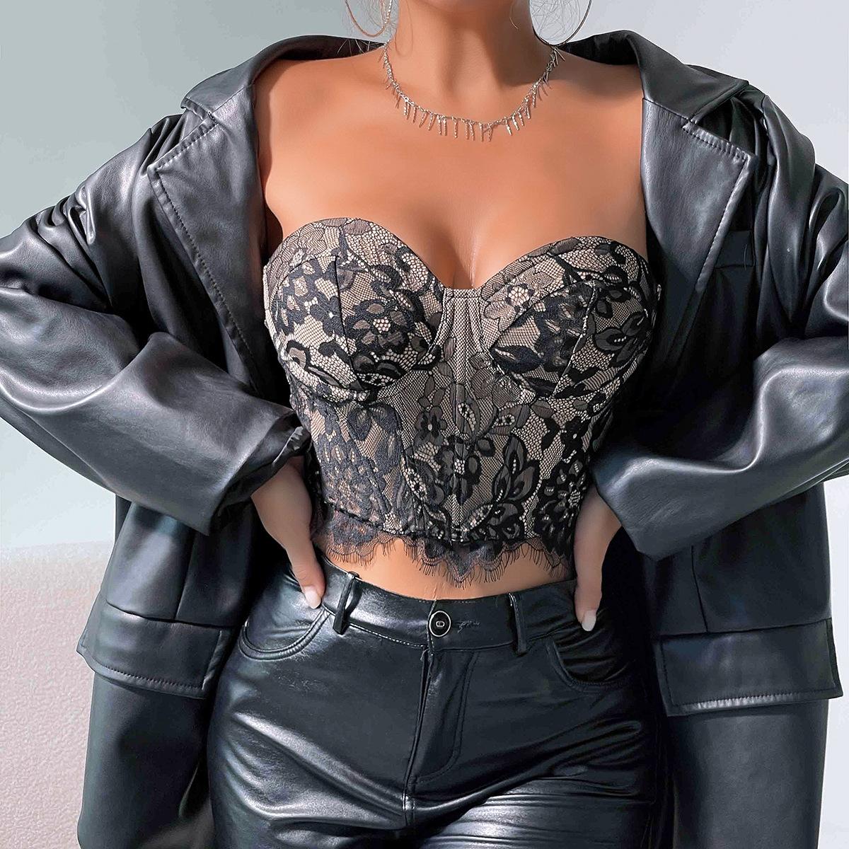 Women's Top Sexy Lace Eyelash Flower High Sense Underwear Bandeau Vest Womenswear Comfort Apricot Basic