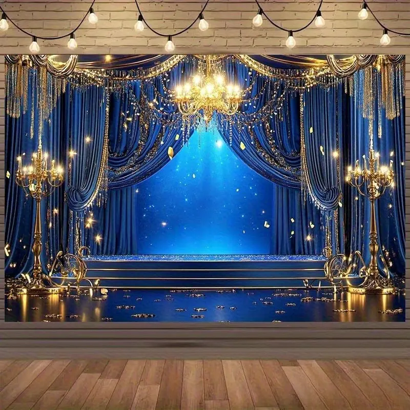 Royal Blue Golden Luxury Backdrop Palace Elegance Style Tapestry Wall Hanging, Chandelier Photography Background, Premium Polyester Decorative Banner for Wedding Reception, Birthday Event, Photo Booth, Indoor Outdoor Celebration