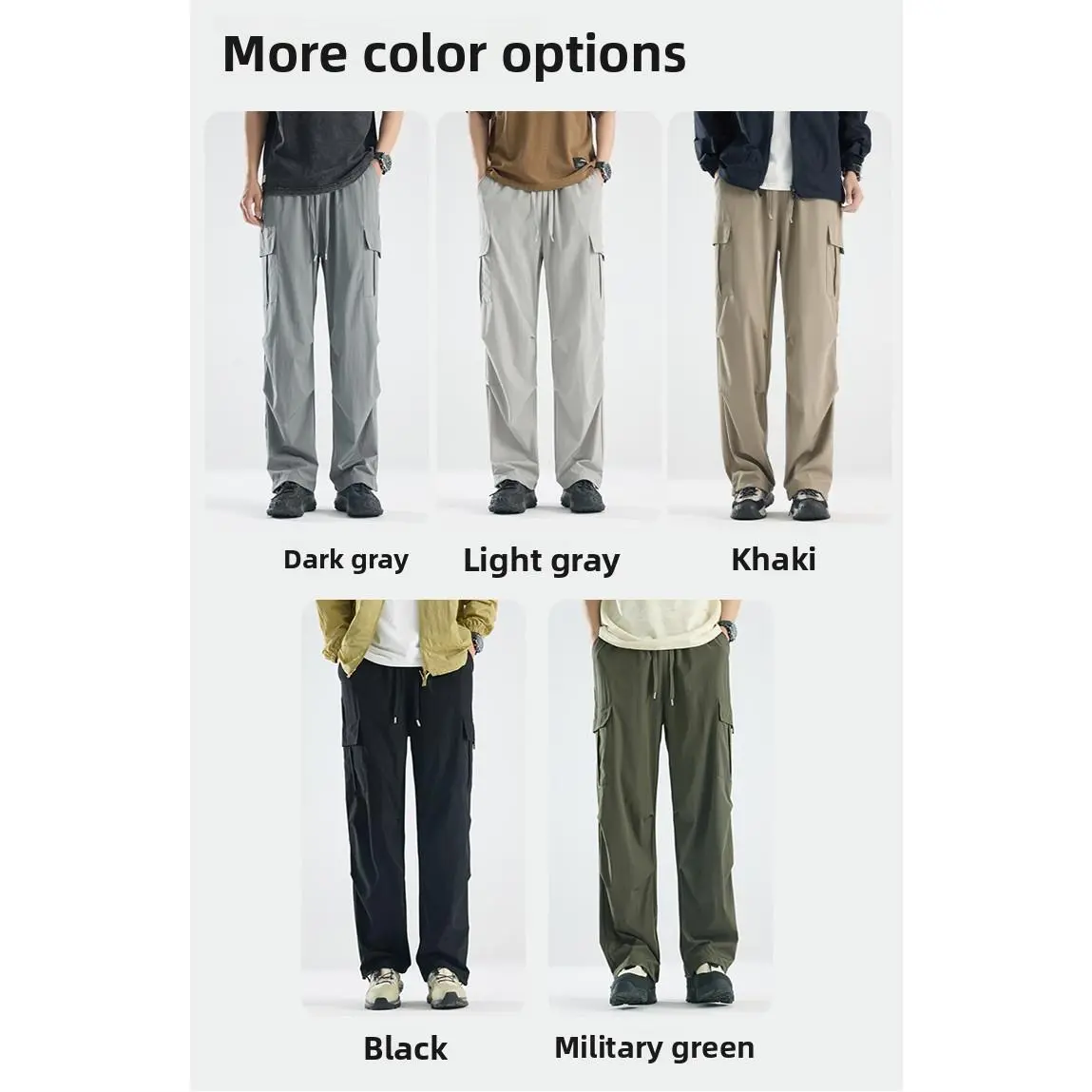 2026 lightweight men’s cargo pants, loose straight-leg casual outdoor trousers ideal for spring and autumn. Offered in 5 trendy neutral tones: Dark Gray, Light Gray, Khaki, Black, Army Green. Elastic drawstring waist adapts to different body shapes, multi