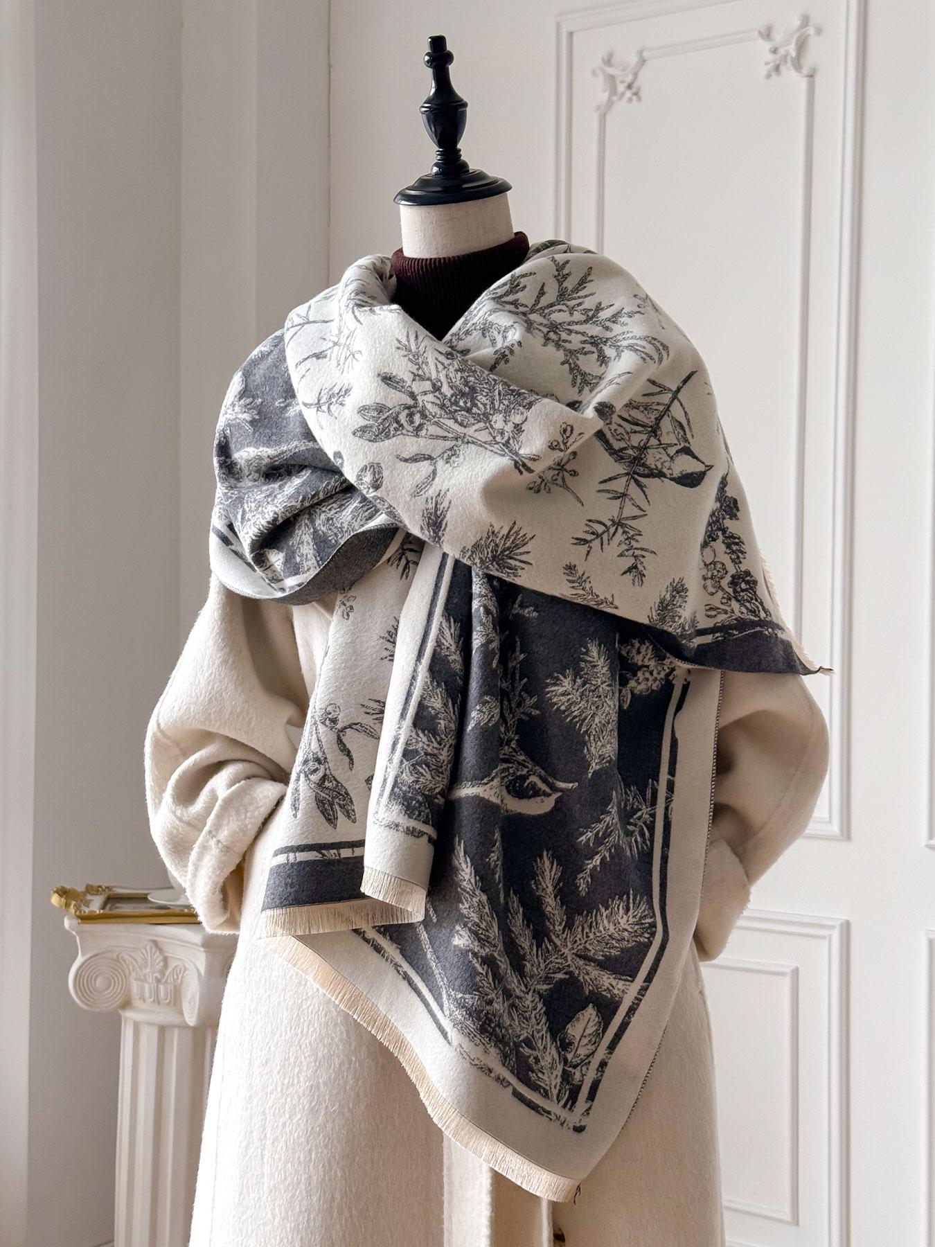 Women's Winter, Loose Fit Floral Pattern Shawl, Casual Loose-Fit Design, Thick Woven Fabric, Warm & Soft, Perfect for All Seasons, Elegant Fashion Accessory