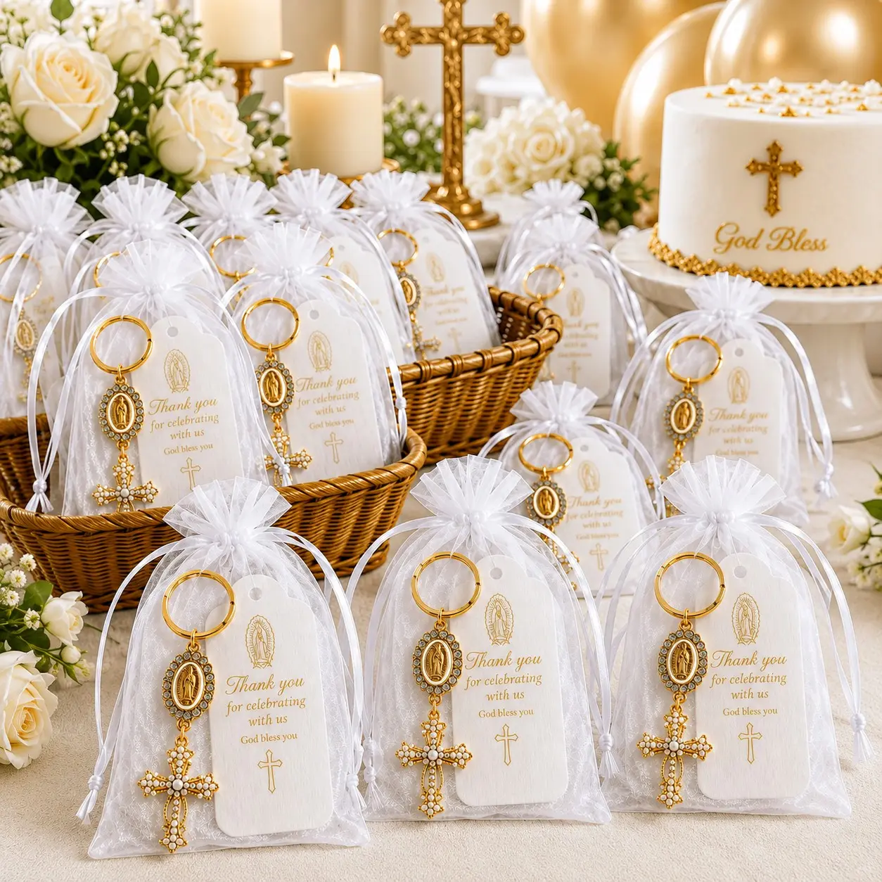 10/20 Sets Baptism and Christening Favors for Guests, Gold Virgin Mary Pearl Cross Keychains with White Organza Gift Bags and Thank You Cards, First Communion Keepsakes, Baby Shower Favors, Wedding Guest Gifts and Religious Party Souvenirs
