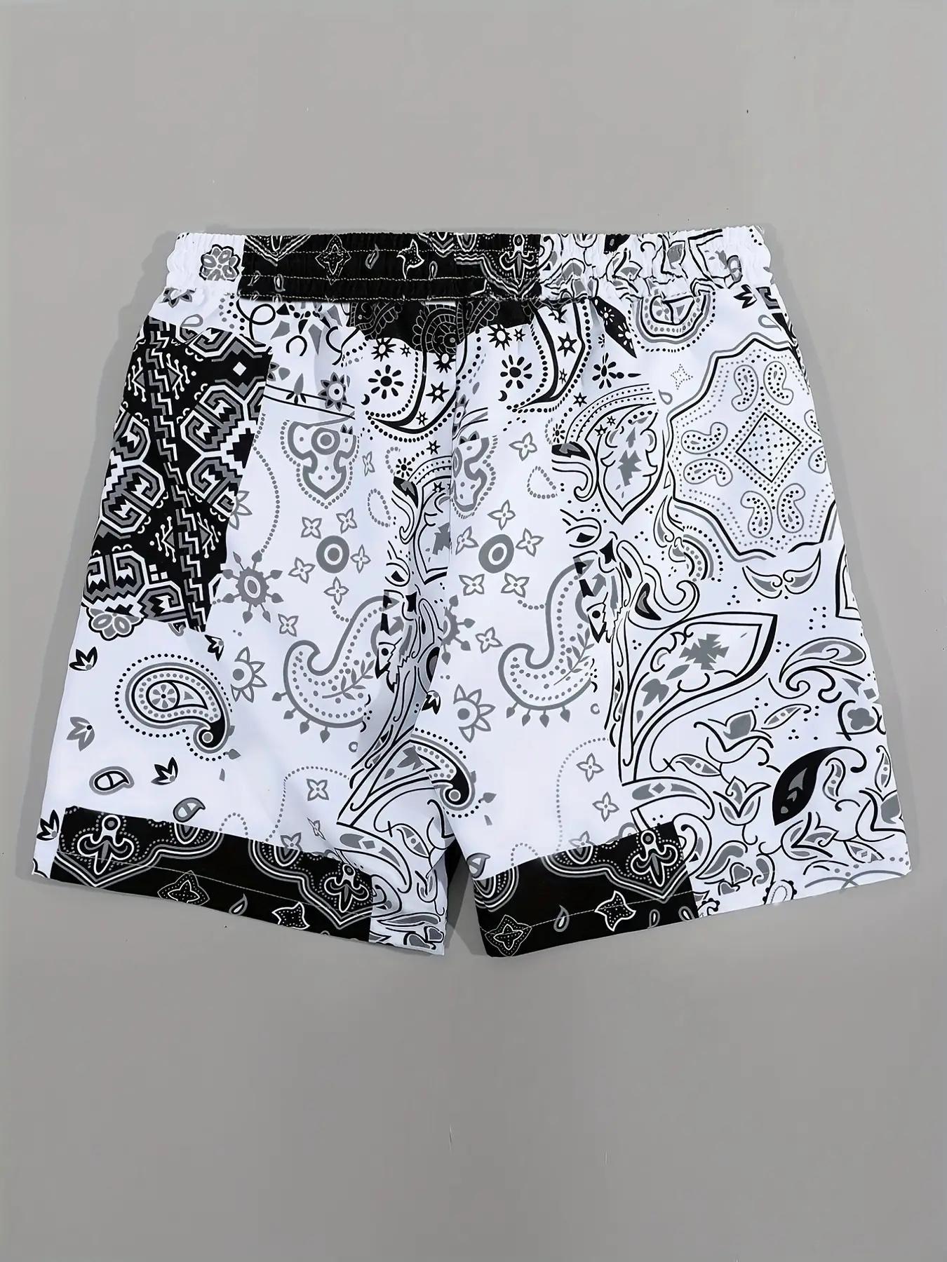 Men's Summer Clothes Loose Ethnic Pattern Drawstring Waist Shorts, Stylish Menswear, Bohemian Breathable Casual Pocket Design Shorts for Summer, Mens Clothing, Men's Bottoms for Daily Wear, Shorts for Men, Mens Shorts, Summer Outfits 2024