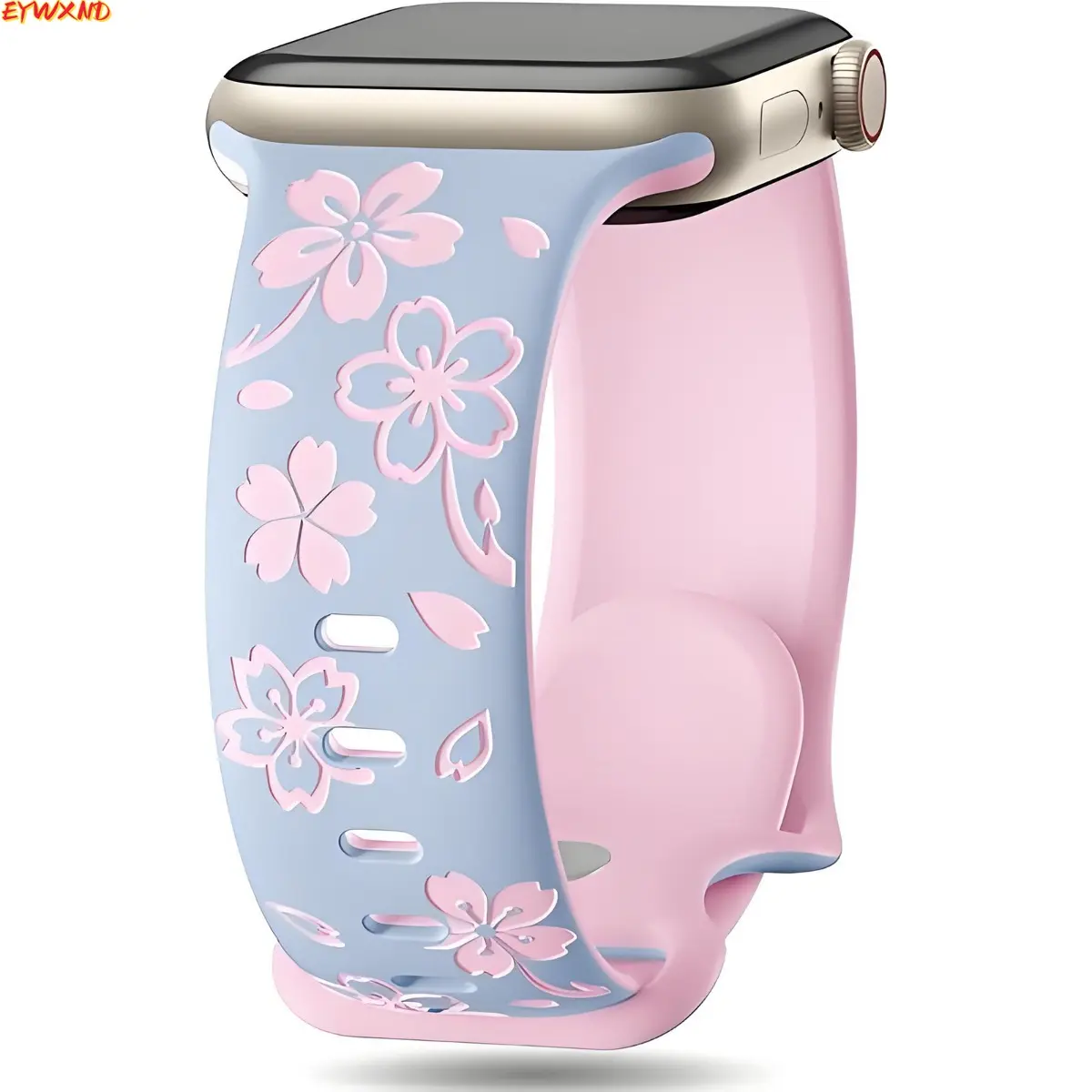 Light Blue Pink Cherry Blossom Engraved Silicone Watch Band, Two-Tone Sakura Floral Embossed Replacement Strap, Soft Waterproof Rubber Wristband Compatible with Apple Watch Cute Spring Aesthetic for Women