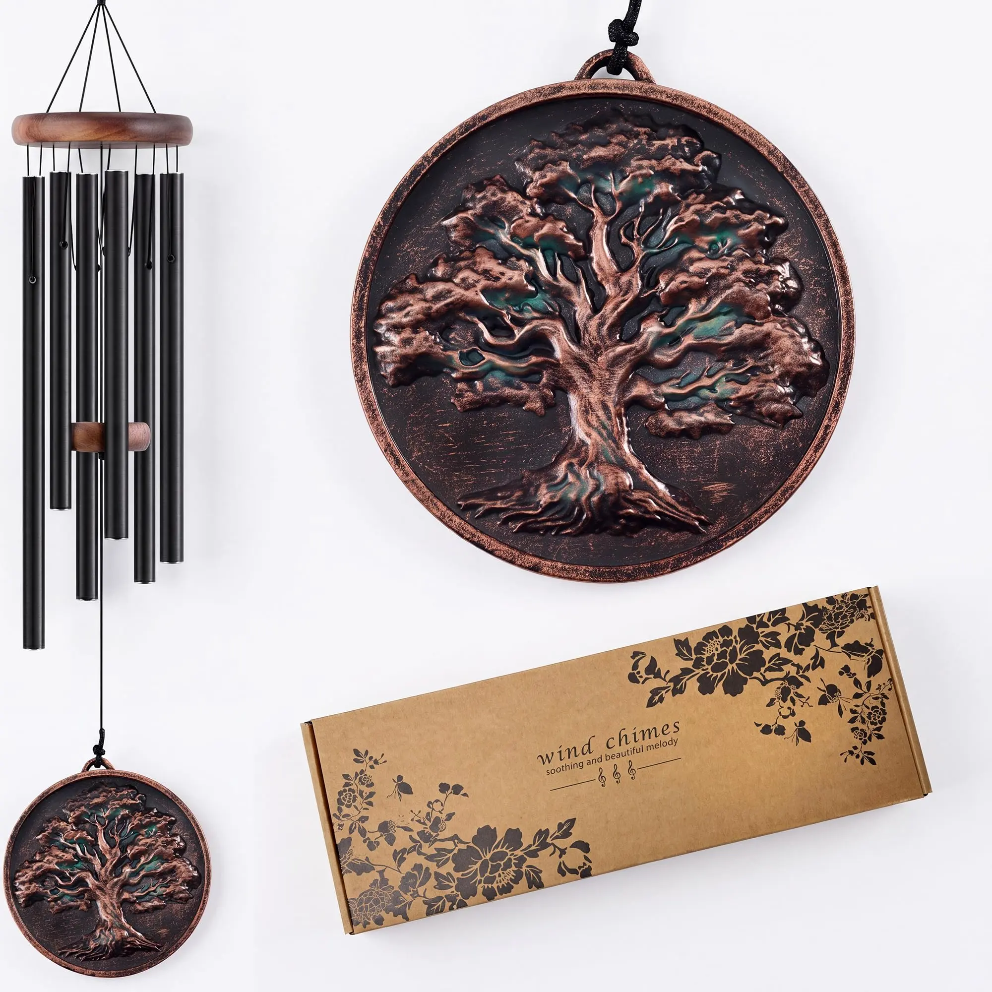 32" Deep-Tone Outdoor Wind Chimes, 6 Aluminum Tubes with Adjustable Volume & Mute Switch, Weather-Resistant Memorial Decor, 2 Pendant Types