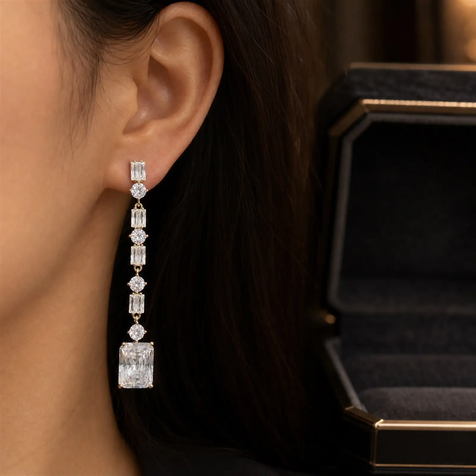 925 Silver Baguette Round Zircon CZ Long Drop Dangle Elegant Wedding FH1091QFF-X3