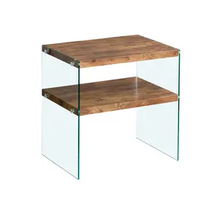 Walnut MDF Tempered Glass Side Table Multi-Purpose Stackable End Table Waterproof Round Corner Sofa Table For Living Room Farmhouse Office Indoor Outdoor