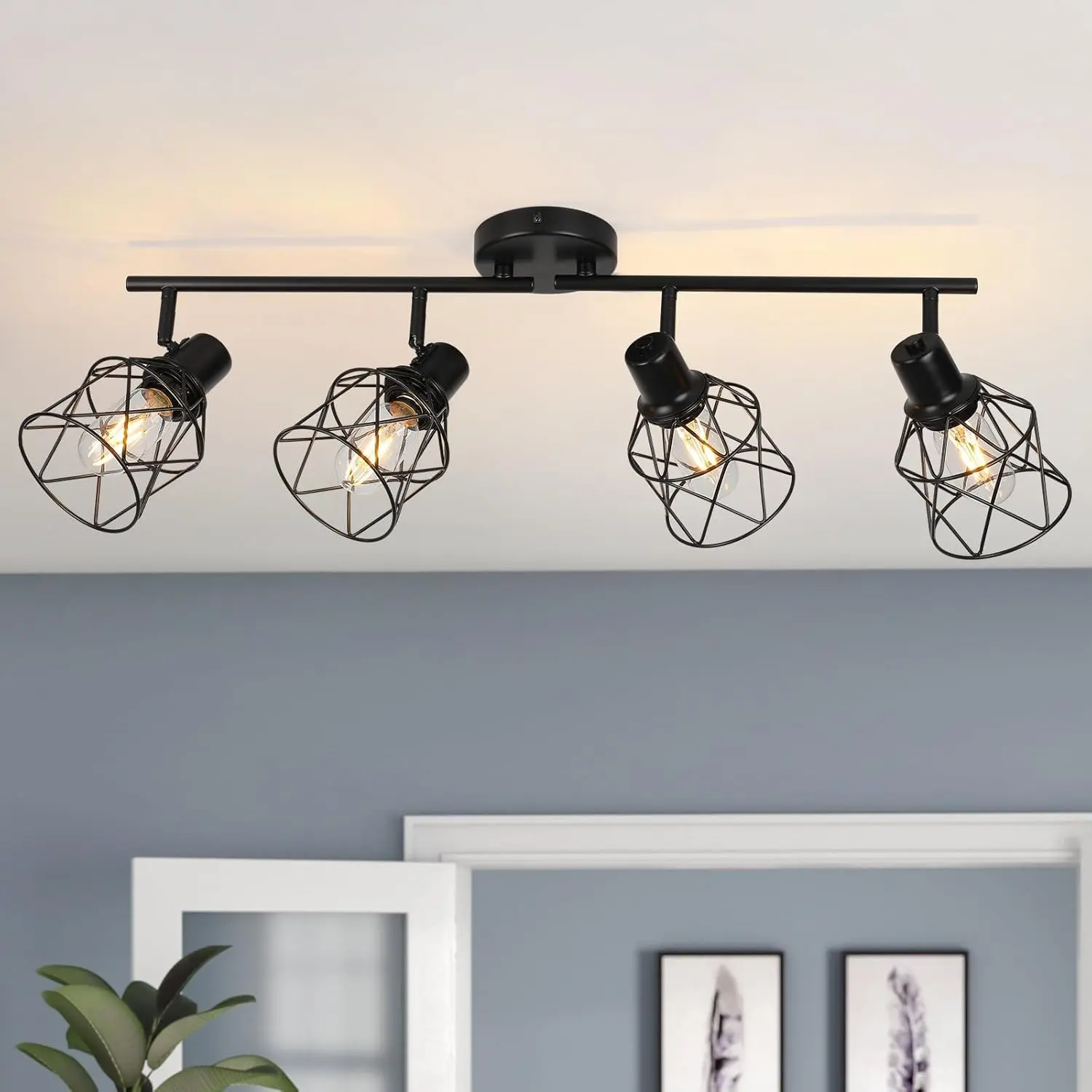 Track Lighting Fixtures Ceiling 4-Light Flush Mount Ceiling Spot Lights, Industrial Track Light Black Kitchen Light Fixtures Rotatable Spotlight for Kitchen Hallway Living Room (E26 Base)