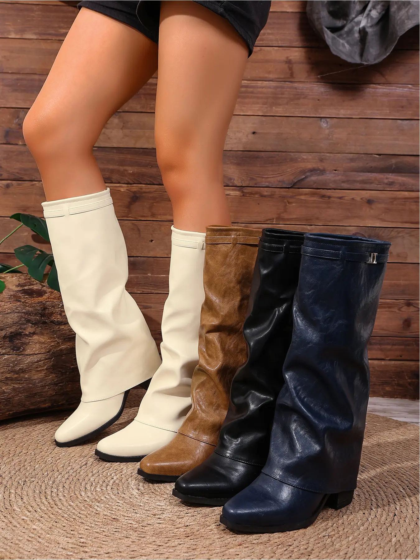 Women Soft Light Tone Slouchy Knee High Pu Leather Boots Metal Buckle Cuff Block Heel Wide Calf Cowboy Tall Boots Cowgirl Boots