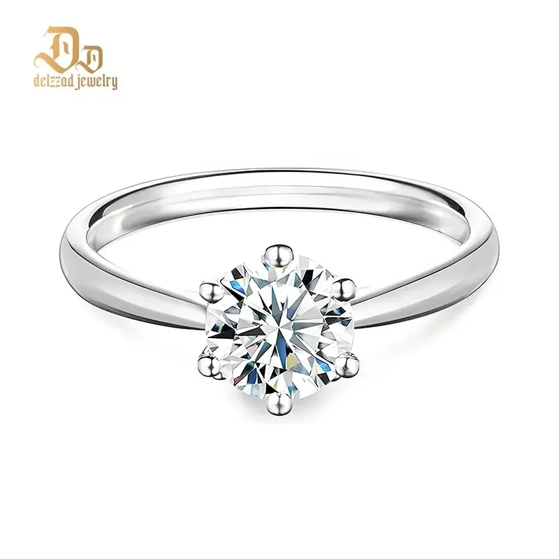 Delzzad 14K Gold-Plated Solitaire Classic Six-Prong Ring Lab-Created Moissanite Engagement Ring Band S925 Sterling Silver Moissanite Jewelry Perfect Christmas Gift