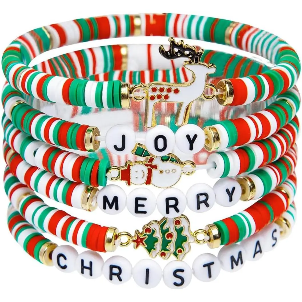 6 Pack Christmas Bracelets for Women Snowman Tree  Beaded Bracelet Set Polymer Clay Stretch Friendship Bracelet  Merry Christmas